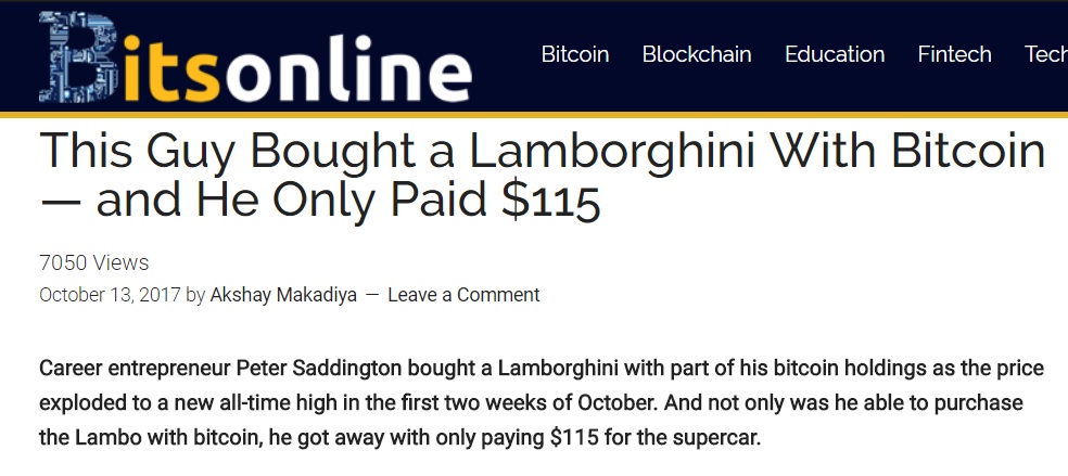Lamborghini for 115 dollars in bitcoins